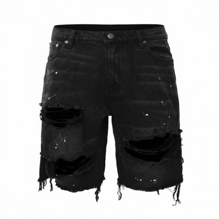 Ripped Denim Shorts - Black
