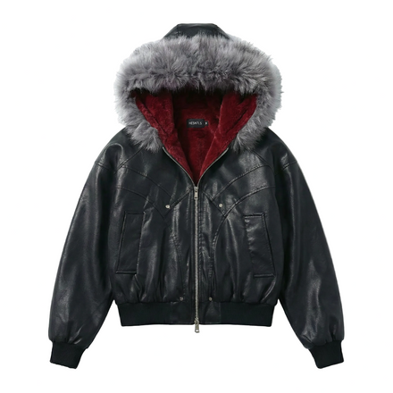 Fur Boxy Leather Jacket | Raven Black