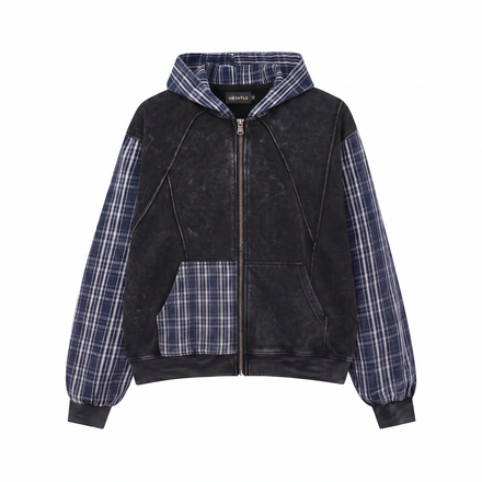 Panel Patchwork Hybrid Hoodie | Navy Grid
