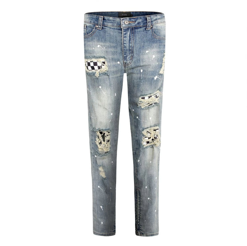 Jeans with online checkered patches